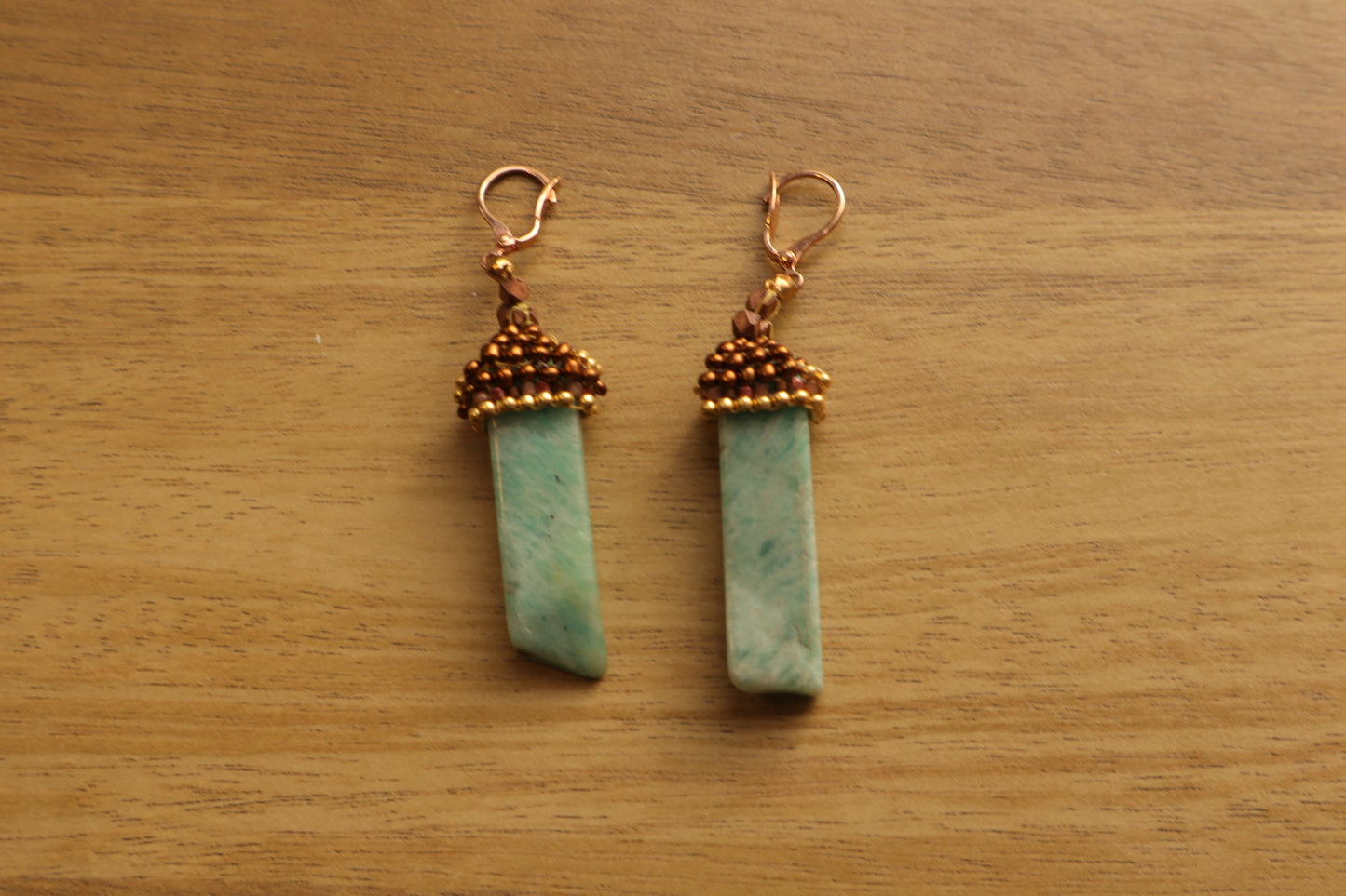 Stunning amazonite dagger beads cascade from a secure gold-filled rose French clasp, offering a touch of modern luxury for any occasion.