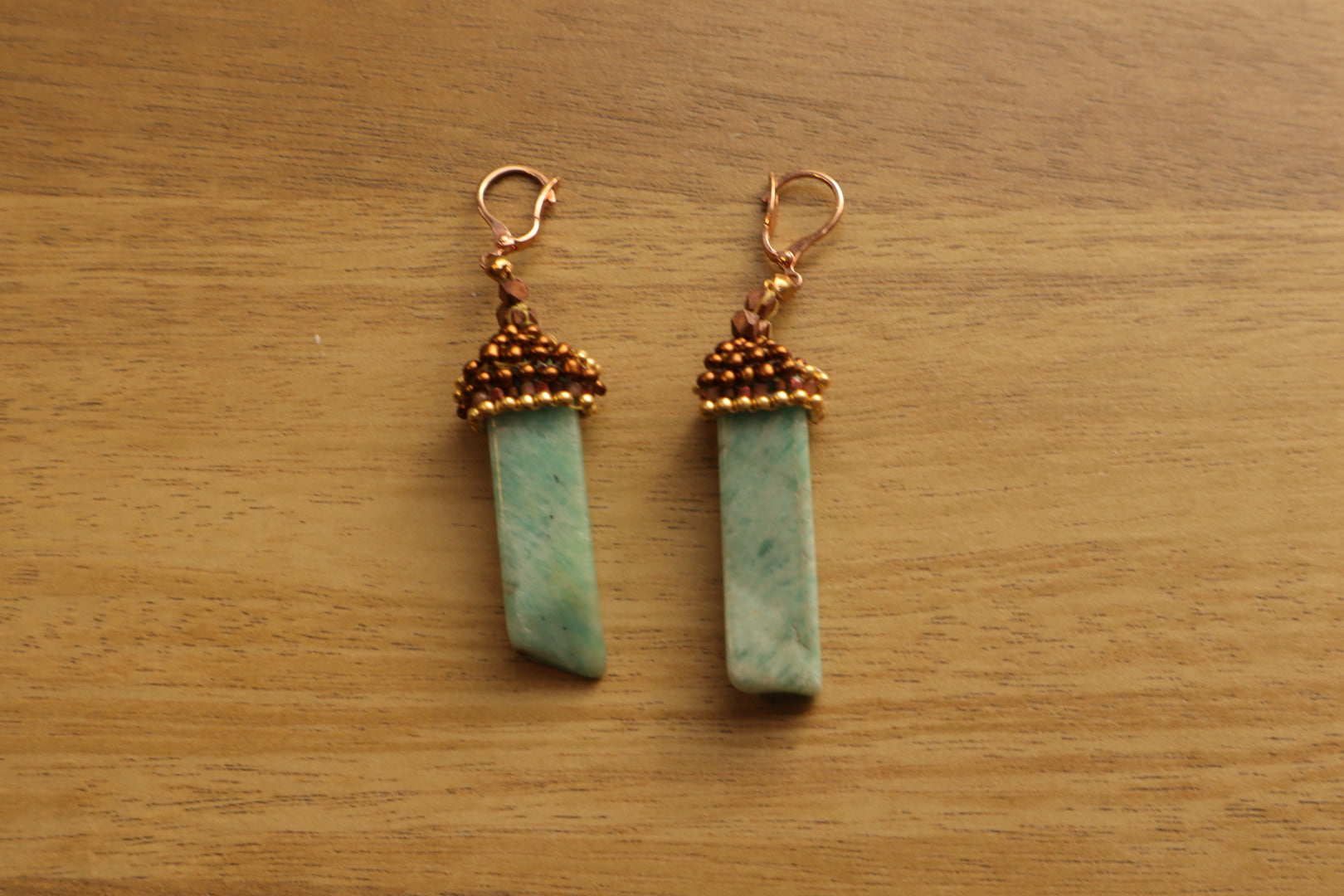 Stunning amazonite dagger beads cascade from a secure gold-filled rose French clasp, offering a touch of modern luxury for any occasion.