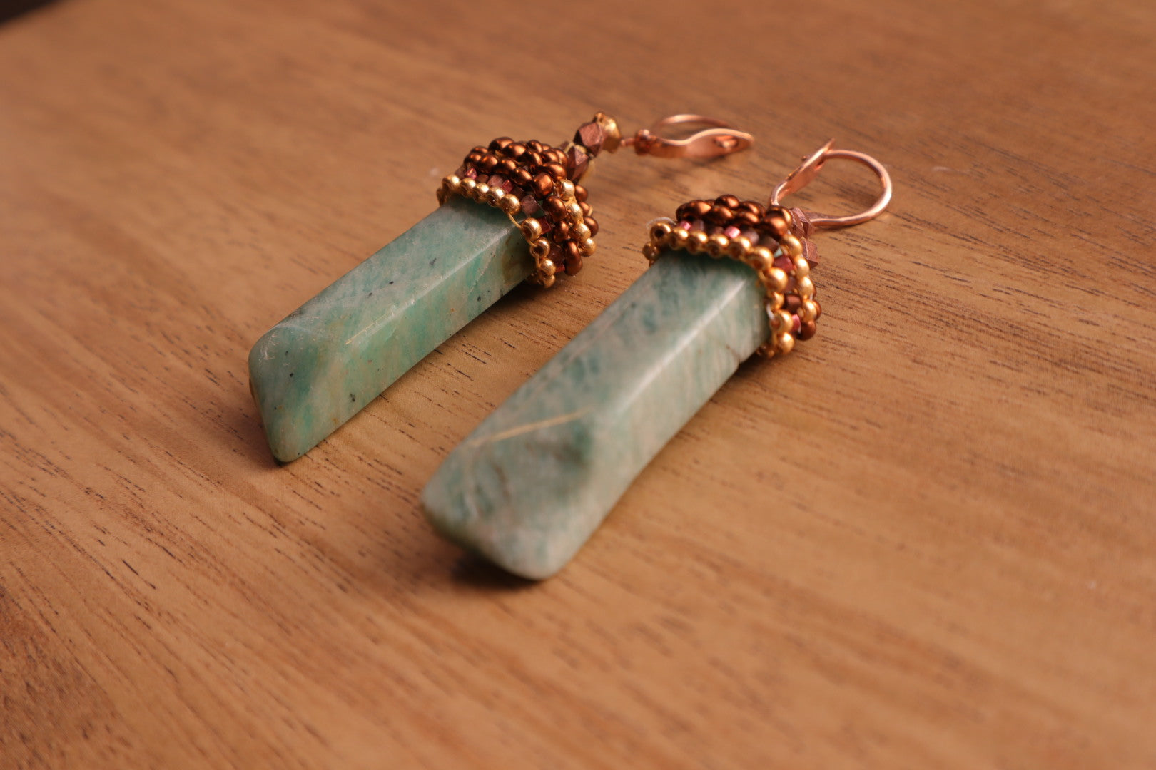 Stunning amazonite dagger beads cascade from a secure gold-filled rose French clasp, offering a touch of modern luxury for any occasion.
