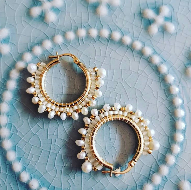 18K solid gold hoop earrings with Keishi pearls and Miyuki beads handwoven all around.