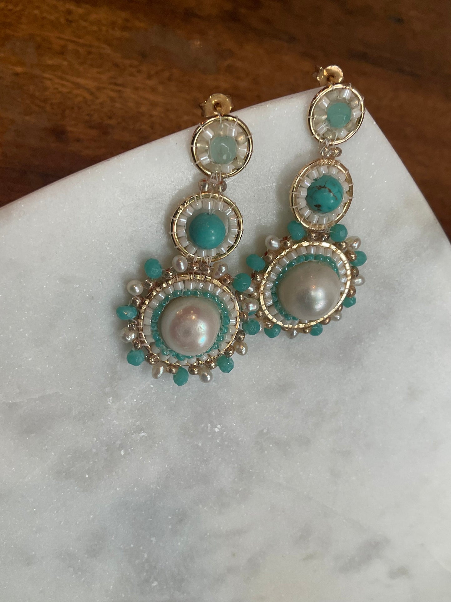 High grade pearls, turquoise stone beads and amazonite stone beads on gold-filled frames with interwoven Miyuki beads. unique and one of a kind