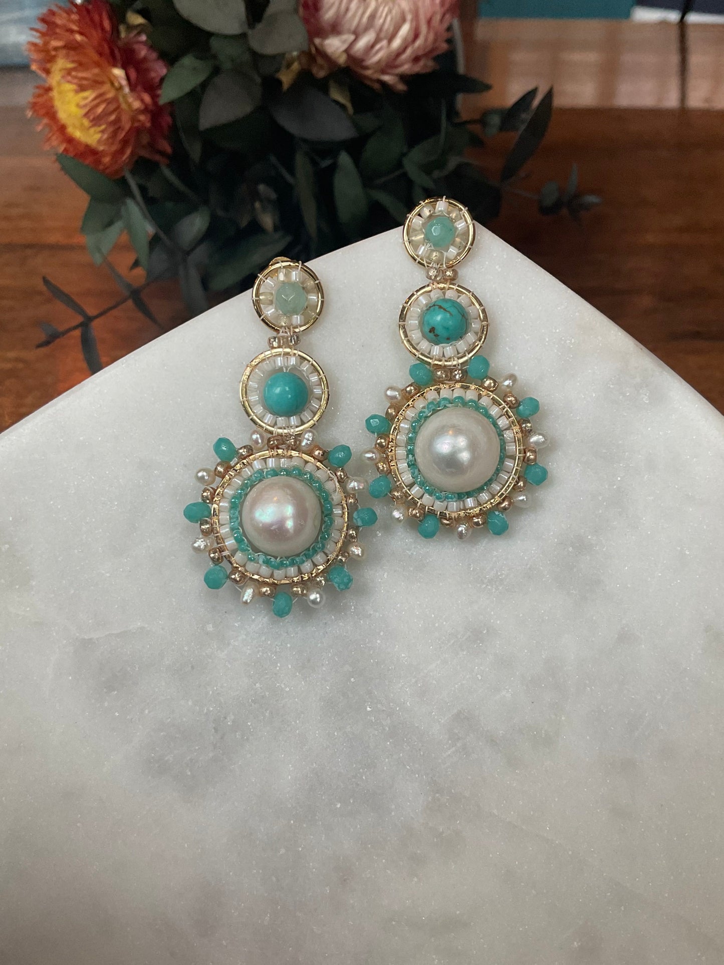 High grade pearls, turquoise stone beads and amazonite stone beads on gold-filled frames with interwoven Miyuki beads. unique and one of a kind earrings