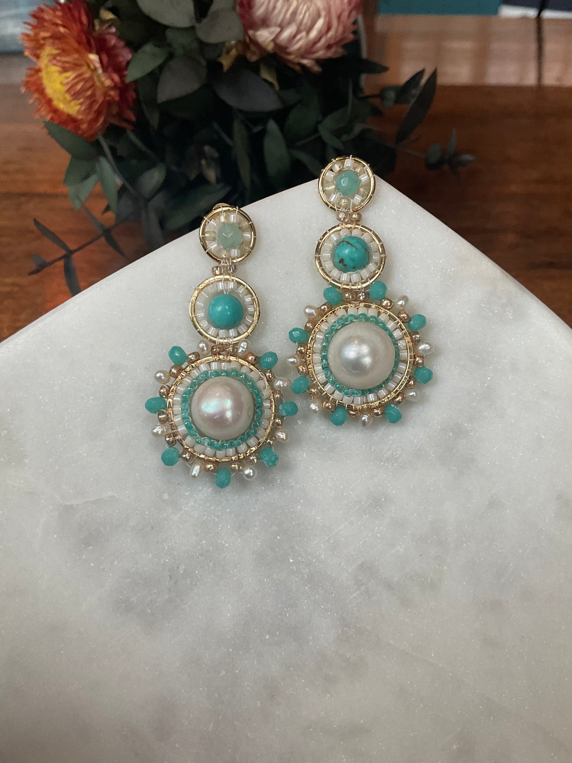 High grade pearls, turquoise stone beads and amazonite stone beads on gold-filled frames with interwoven Miyuki beads. unique and one of a kind earrings