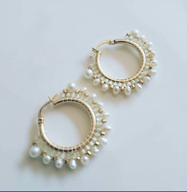 18K solid gold hoop earrings with Keishi pearls and Miyuki beads handwoven all around.