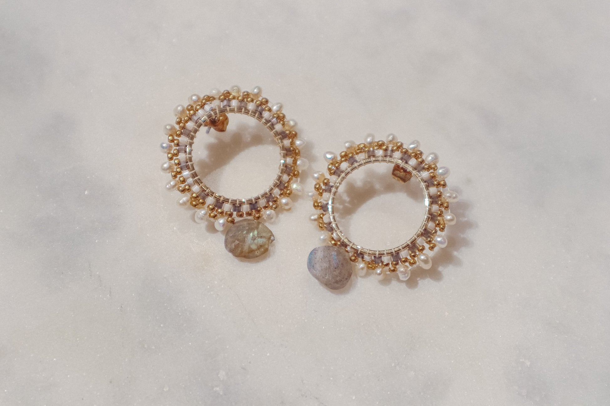 A trio of textures on this one-of-kind set of earrings: Keshi pearls, delicate Miyuki beads, and mesmerizing labradorite drops. Gold-filled findings on sterling silver posts for comfort.