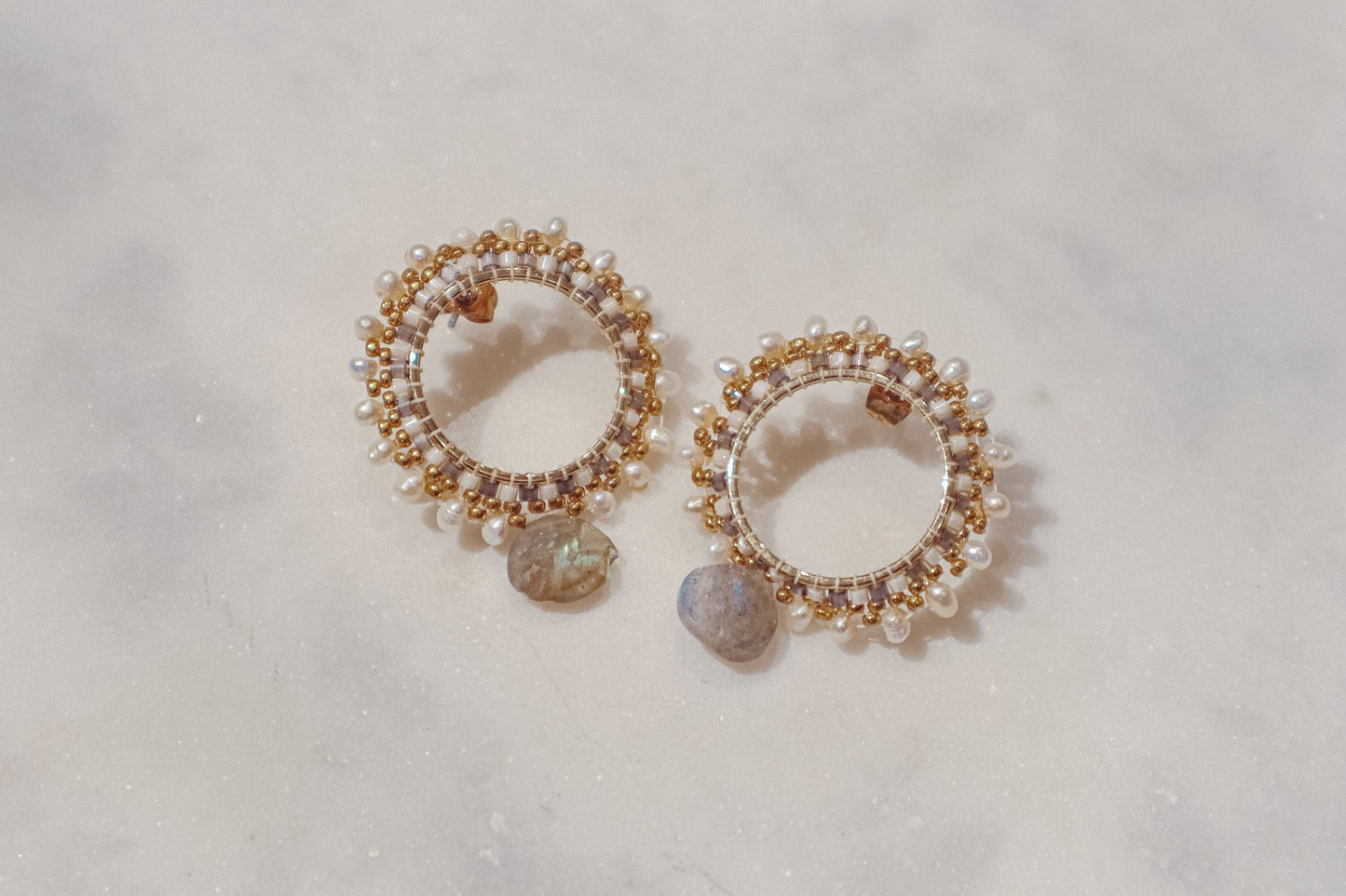 A trio of textures on this one-of-kind set of earrings: Keshi pearls, delicate Miyuki beads, and mesmerizing labradorite drops. Gold-filled findings on sterling silver posts for comfort.