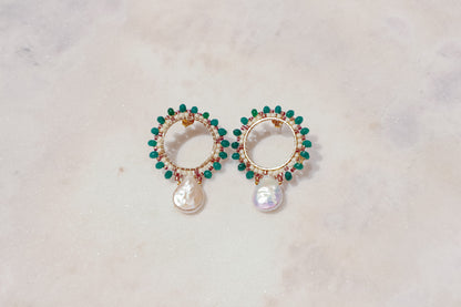 Baroque pearls find unexpected harmony with vibrant emerald agate rondelles in these unique gold-filled post earrings.