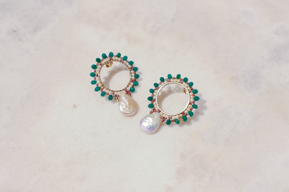 Baroque pearls find unexpected harmony with vibrant emerald agate rondelles in these unique gold-filled post earrings.