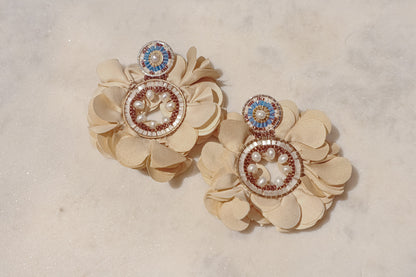 Featuring delicate fabric flowers, gleaming pearls, and sparkling Miyuki beads, these earrings are a testament to handcrafted charm.