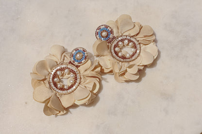 Featuring delicate fabric flowers, gleaming pearls, and sparkling Miyuki beads, these earrings are a testament to handcrafted charm.