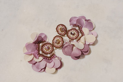 Fabric blooms meet the rich hues of amethyst and the classic elegance of pearls for a touch of timeless beauty on these Flower Fan earrings.