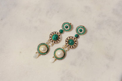 Freshwater pearls meet shimmering Miyuki beads and vibrant malachite, accented by delicate mother-of-pearl petals in gleaming gold-filled settings in these stand out earrings.