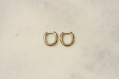 These earrings are gold-toned hoops with a unique, slightly irregular shape. They have a smooth, polished surface that reflects light, giving them a shiny appearance. The hoops are slightly flattened and are of medium thickness. They feature a simple hinge and latch closure mechanism. The overall design is minimalistic yet elegant, suitable for both everyday wear and more formal occasions.