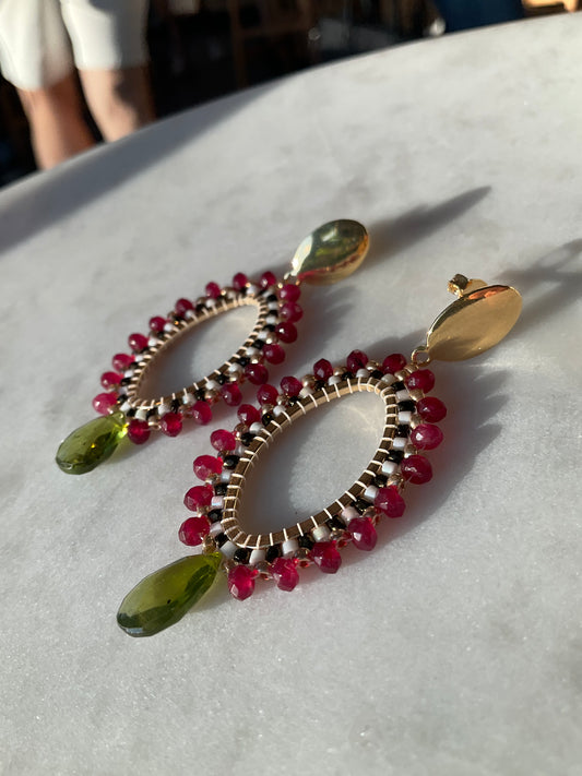 18K gold oval posts with Ruby Agate and Miyuki beads handwoven all around with a single Peridot stone drop.