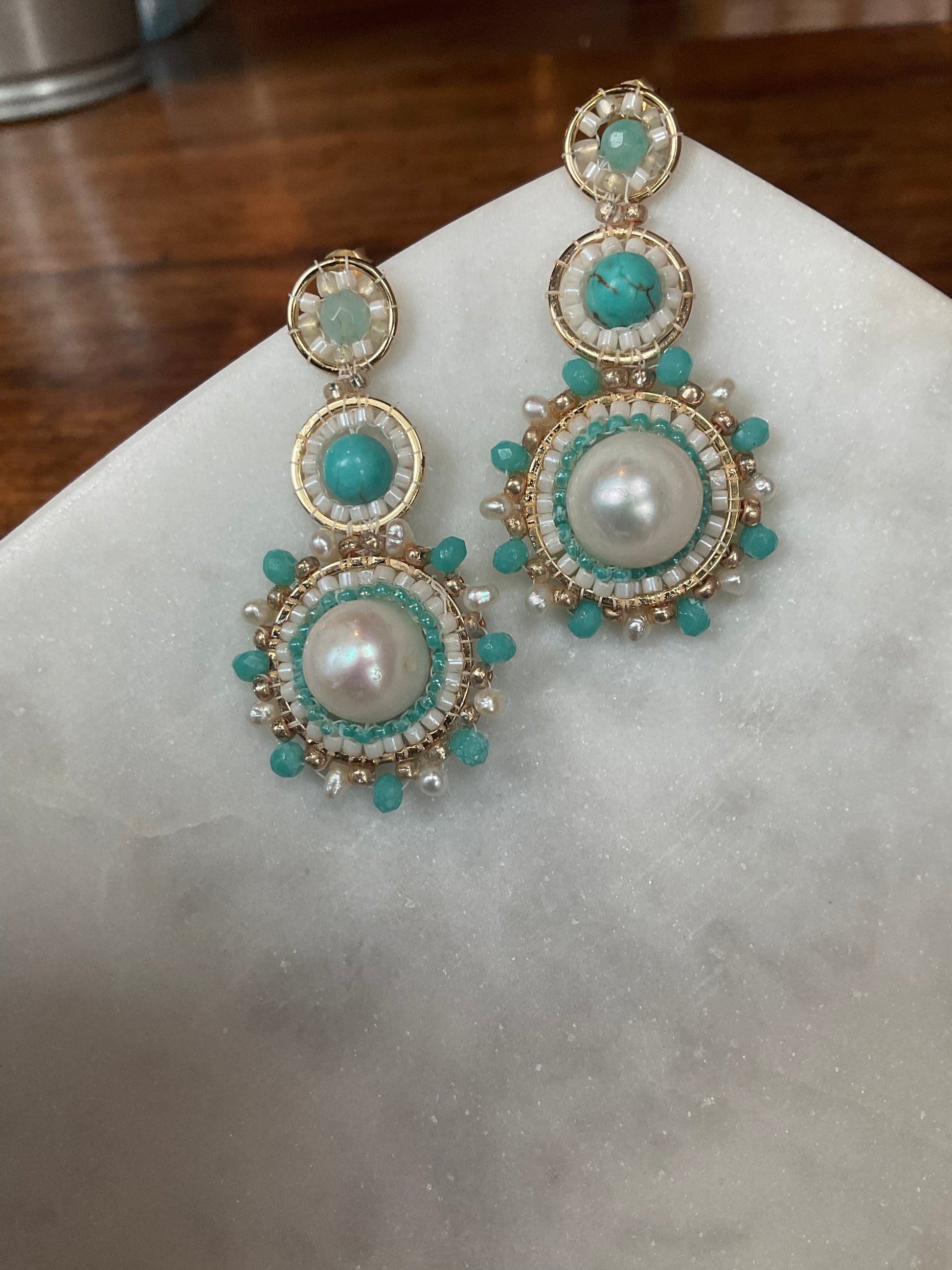 High grade pearls, turquoise stone beads and amazonite stone beads on gold-filled frames with interwoven Miyuki beads. unique and one of a kind earrings