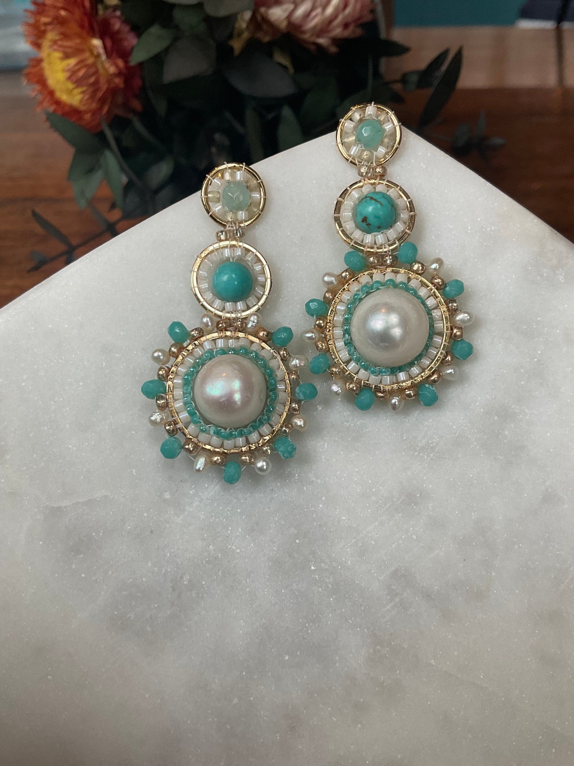 High grade pearls, turquoise stone beads and amazonite stone beads on gold-filled frames with interwoven Miyuki beads. unique and one of a kind