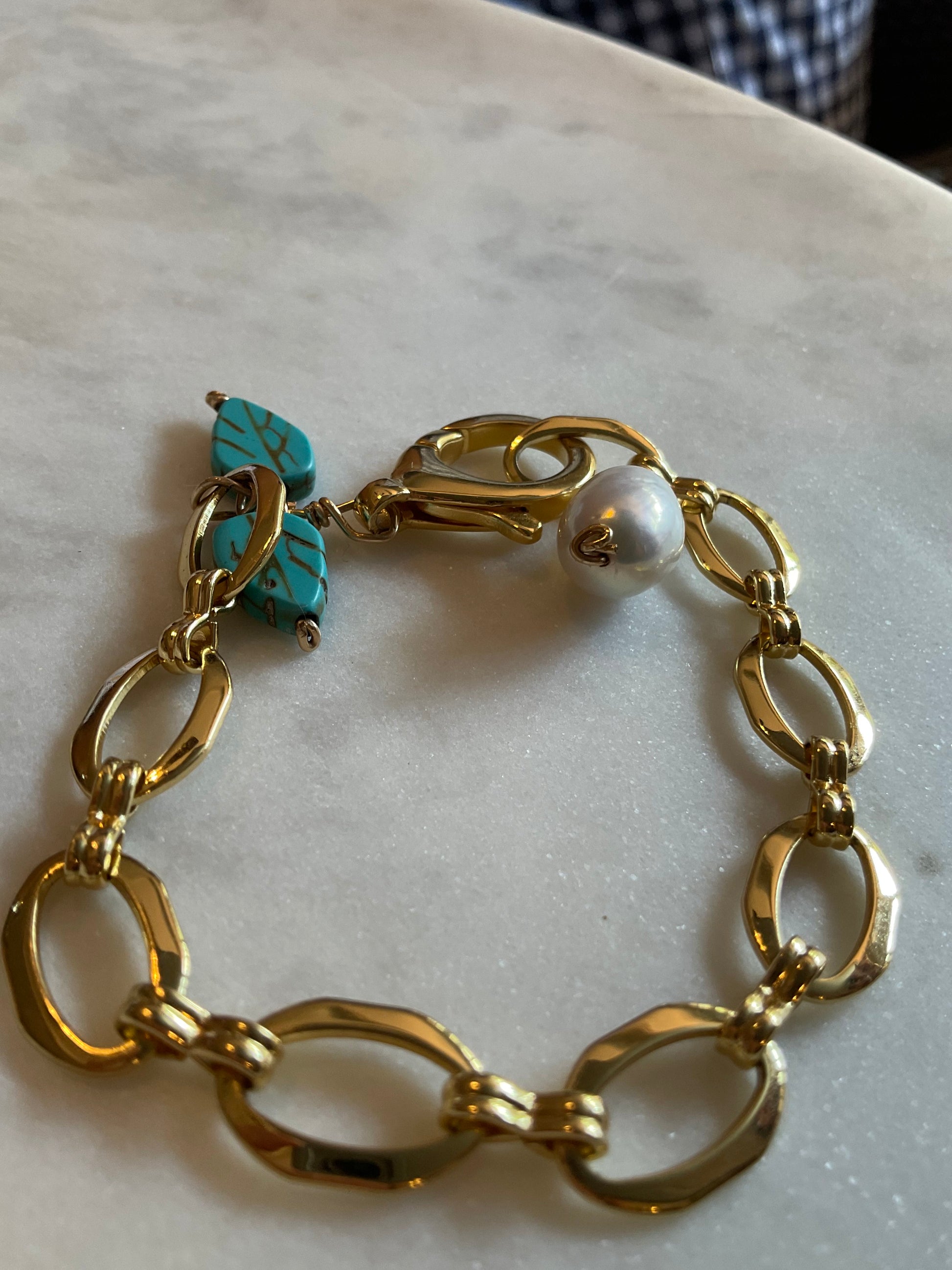 gold filled chunky chain bracelet with south sea baroque pearl and turquoise leaf